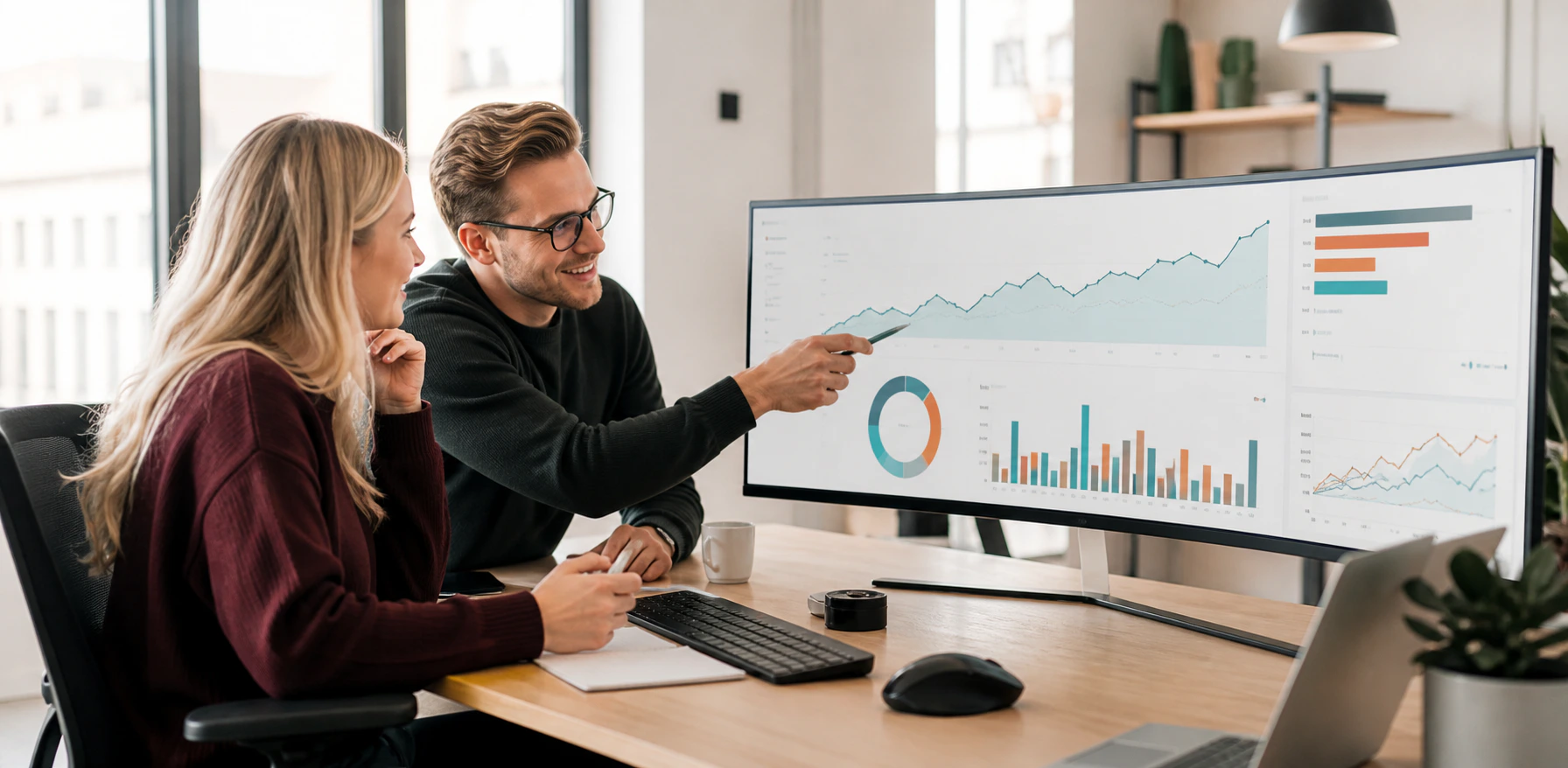 SEO-specialister som analyserar resultat på en stor skärm