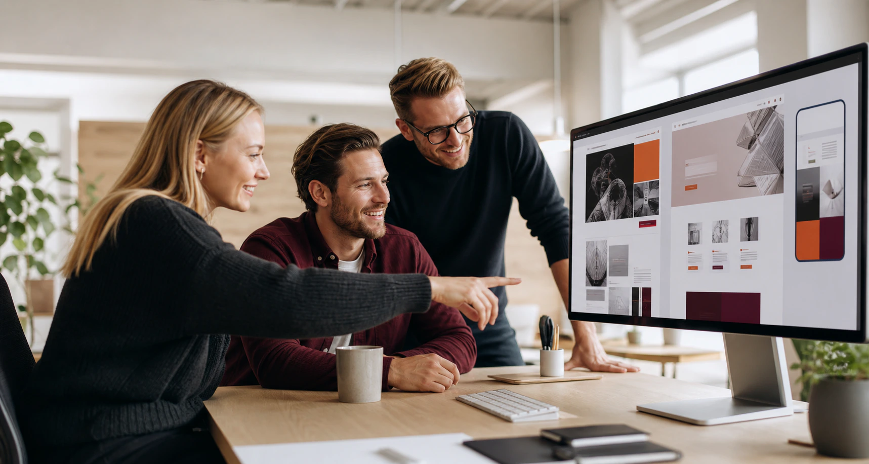 Webbteam som arbetar med responsiv webbdesign på stor skärm