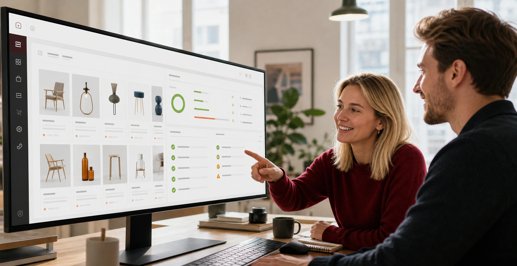 E-handelsteam som granskar produktdata på en stor skärm